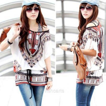 Casual Round Neck Blouse Loose Print Batwing..