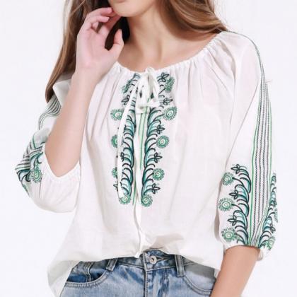 Bandage Quarter Embroidered Casual Loos Tops