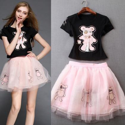 Cartoon Bear T-shirt&pink Skirt Suit..