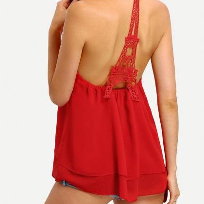 Scoop Sleeveless Backless Hollow Out Chiffon Lace..