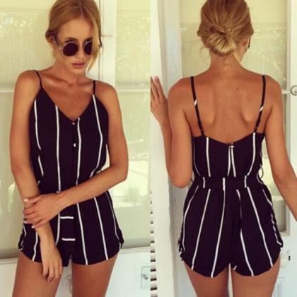 Stylish Striped Summer V-neck Overall Jumpsuit