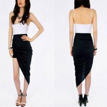 Black Ruched High Low Asymmetrical Stretchy Skirt Mini Twist Maxi