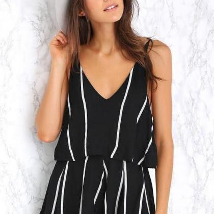 Black And White Striped Double Layered Romper