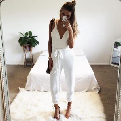 White Plunge V Strappy Jumpsuit Featuring Rope..
