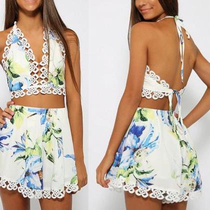 V-neck Backless Lace Printed Suit Personality 2..