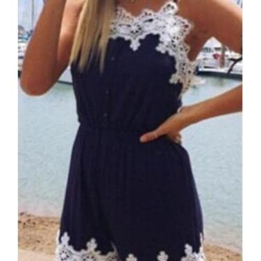 Lace Embroidery Navy Blue Strappy Romper