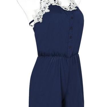 Lace Embroidery Navy Blue Strappy Romper