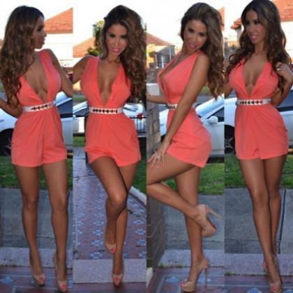 V-neck Tanksleeveless Solid Polyester One-piece..