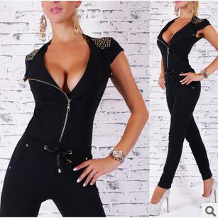 With Short Sleeves Deep V Zipper Conjoined Thin..