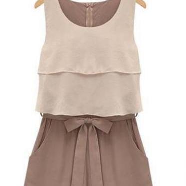 Sleeveless Color Blocking Rompers With Bow Light..