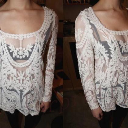 Semi Sheer See Through Sleeve Embroidery Floral..