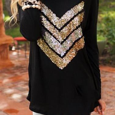 Black Batwing Sleeve Sequins Decorated T Shirt Ros