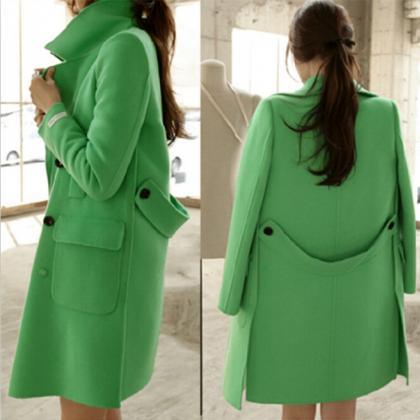 Green Woolen Pea Coat Women Winter Wool Jacket..