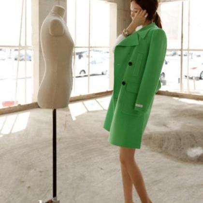 Green Woolen Pea Coat Women Winter Wool Jacket..