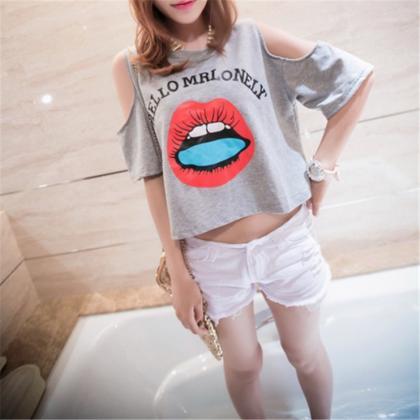 Sexy Lips Strapless Exposed Navel T Shirt Ad813ci