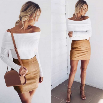 Ribbed Knit Double Layered Off-the-shoulder Long..