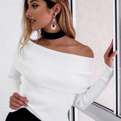Ribbed Knit Double Layered Off-the-shoulder Long..