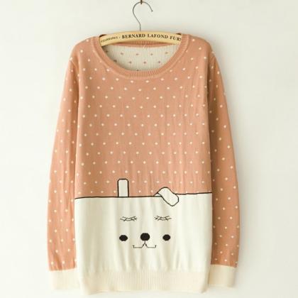 2017 Spring Fall Polka Dot Pink Knitted Sweater
