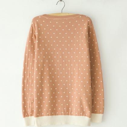 2017 Spring Fall Polka Dot Pink Knitted Sweater