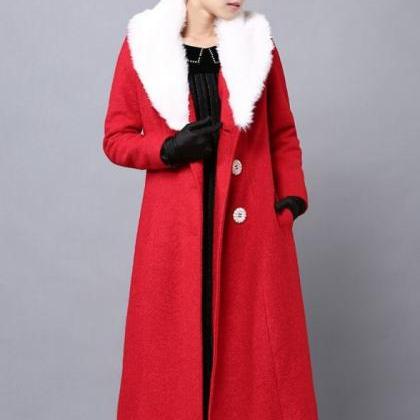 Christmas Red Wool Overcoat With Large Fur Collar