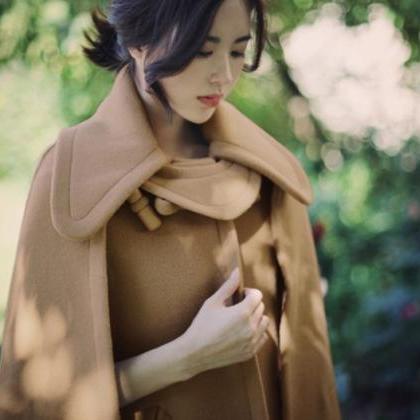 Woman Turndown Collar Light Brown Woolen Cape Coat