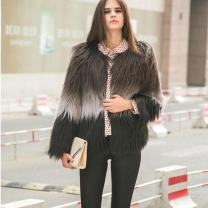 Winter Fashion Women Gradient Color Mixed Faux Fur..