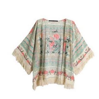 Vintage Ethnic Floral Tassels Loose Kimono..