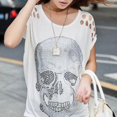 Skull Design White Loose T Shirt