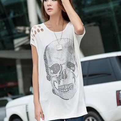 Skull Design White Loose T Shirt