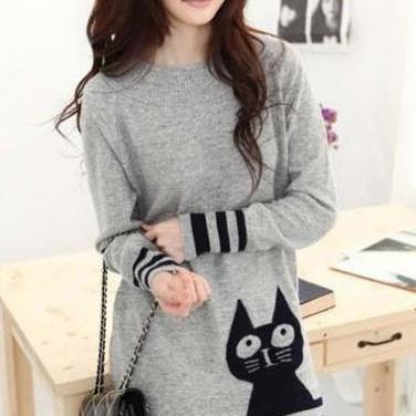 Cute Cat Print Long Sleeve Grey Pullovers Sweater