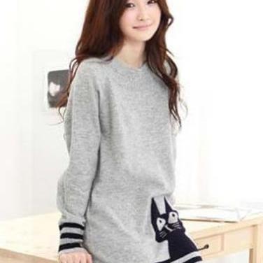 Cute Cat Print Long Sleeve Grey Pullovers Sweater