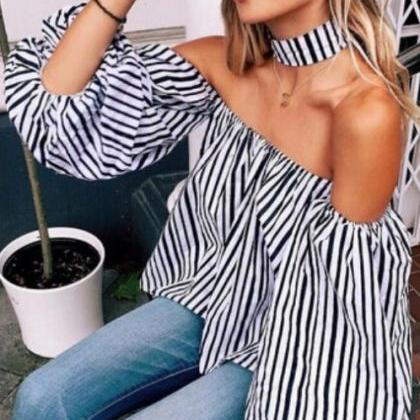 Off-shoulder Lantern 3/4 Sleeves Striped Sexy..