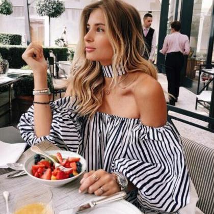 Off-shoulder Lantern 3/4 Sleeves Striped Sexy..