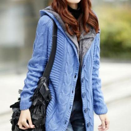 Blue Knitted Cardigan Super Thick Warm With Super..