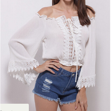 Crochet Lace Off-the-shoulder Long Flare-sleeved..