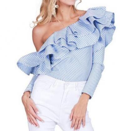 Blue White Striped Ruffled One-shoulder Long..