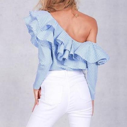 Blue White Striped Ruffled One-shoulder Long..