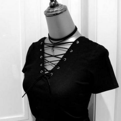 Sexy Gothic Black Laced Up Crop Top Blouse Fashion