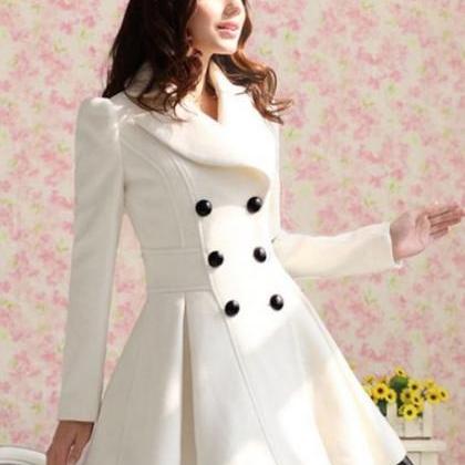 Elegant White Double Breasted Long Coat