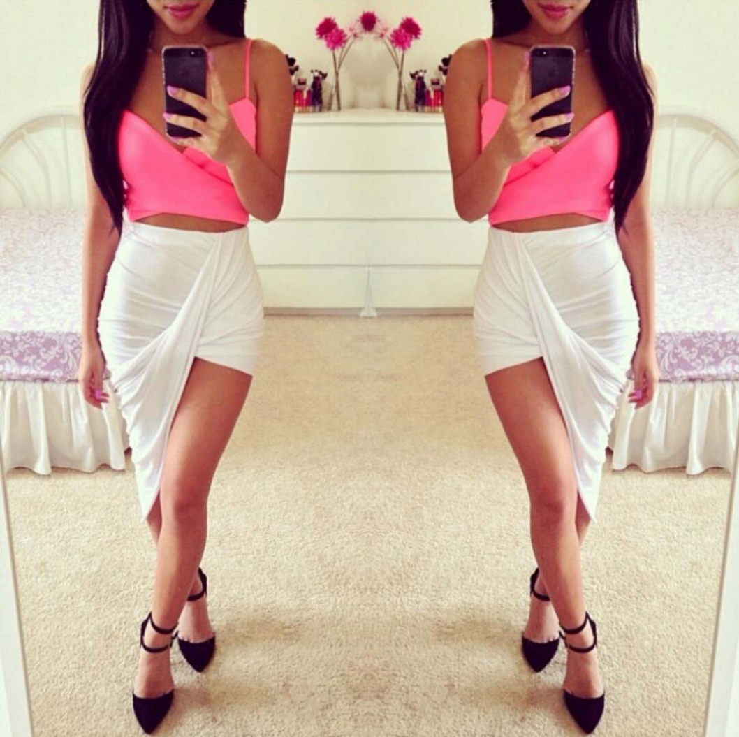 White Ruched High Low Asymmetrical Stretchy Skirt Mini Twist Maxi