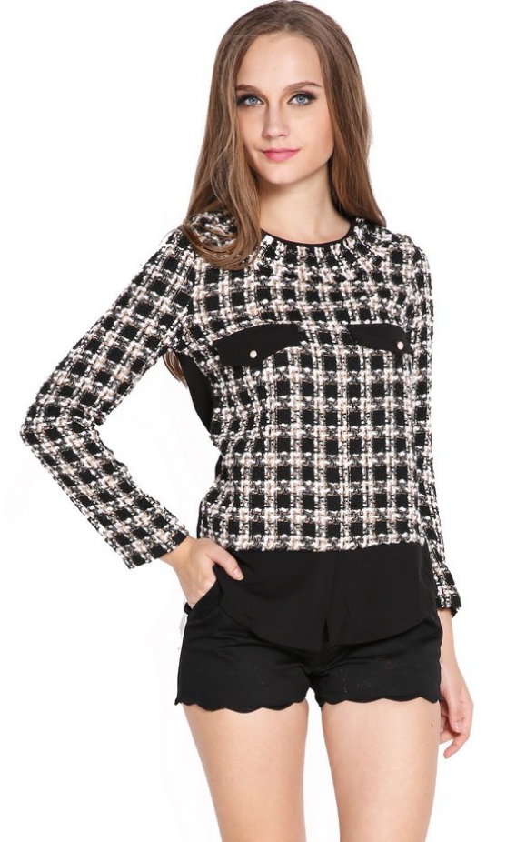 Stylish's Elegant Grid Pattern Splicing Long Sleeve Shirt Tops Blouse