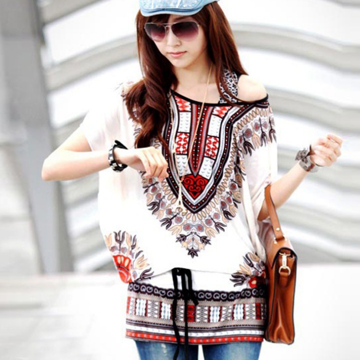 Casual Round Neck Blouse Loose Print Batwing Sleeve Tunic Blouse Tops