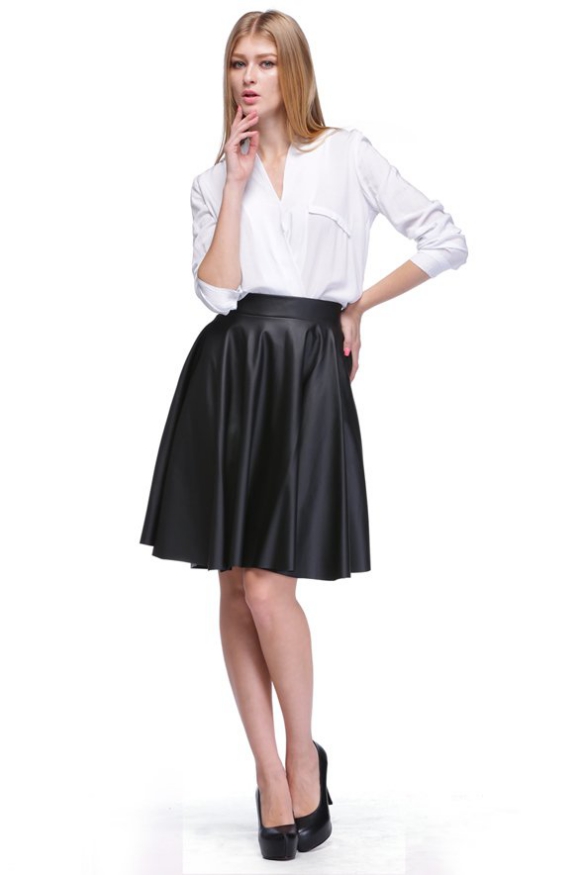 Girl Elastic High Waist Slim Pleated Faux Leather Midi Skirt