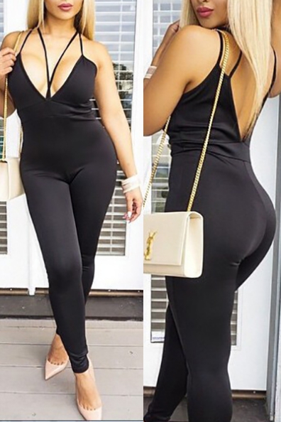 Spaghetti Straps Sleeveless Hollow-out Black Cotton Blends One-piece Skinny Jumpsuits