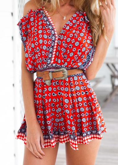 Tribal Print Off-the-shoulder Red Strappy Romper