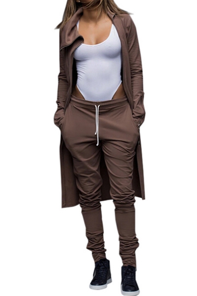 Solid Color Turndown Collar Long Sleeves Zipper Design Coffee Cotton Blend Two-piece Pants Set