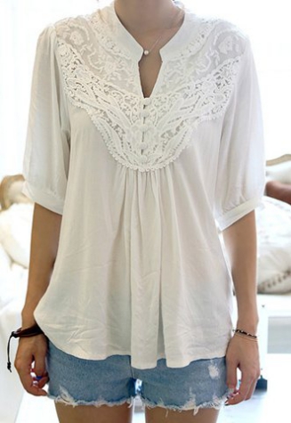 Lace Splicing Crochet Flower 1/2 Sleeve Casual Blouse