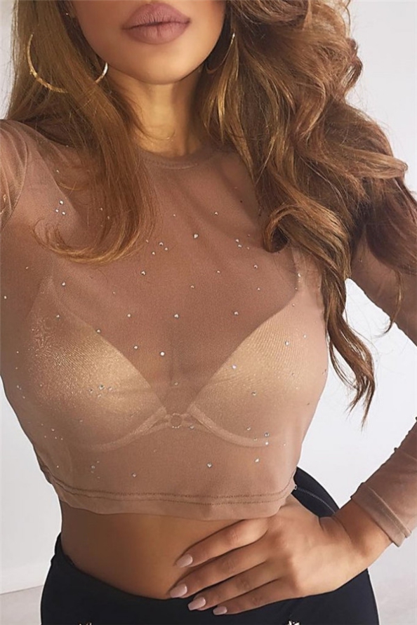 Nude Color Sheer See Through Tulle Bling Bling Top Blouse 2017 on Luulla
