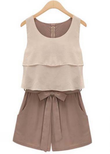 Sleeveless Color Blocking Rompers With Bow Light Brown