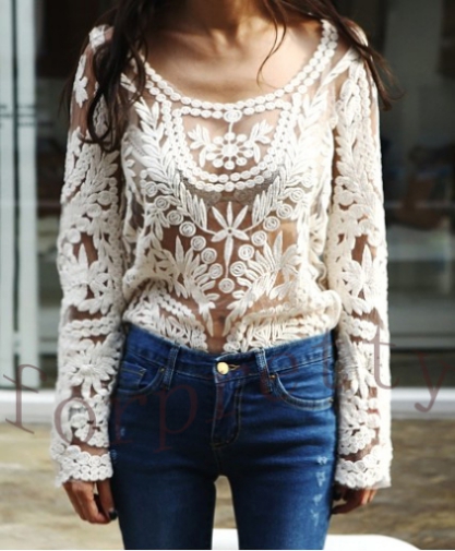 Semi Sheer See Through Sleeve Embroidery Floral Lace Crochet T -shirt